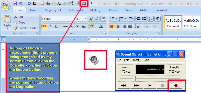 Adding audio-based comments to a Word document