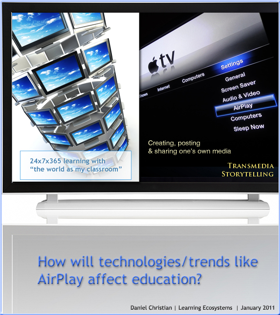 How will technologies like AirPlay affect education? I suggest 24x7x365 access on any device may be one way. By Daniel S. Christian at Learning Ecosystems blog-- 1-17-11.