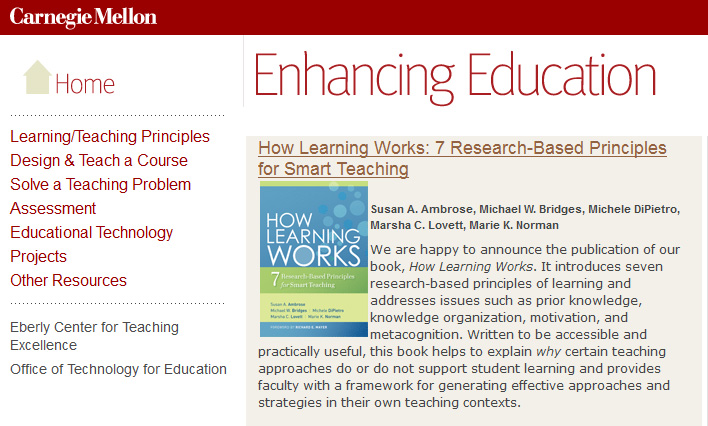 How Learning Works -- book by Carnegie Mellon's faculty -- 2010