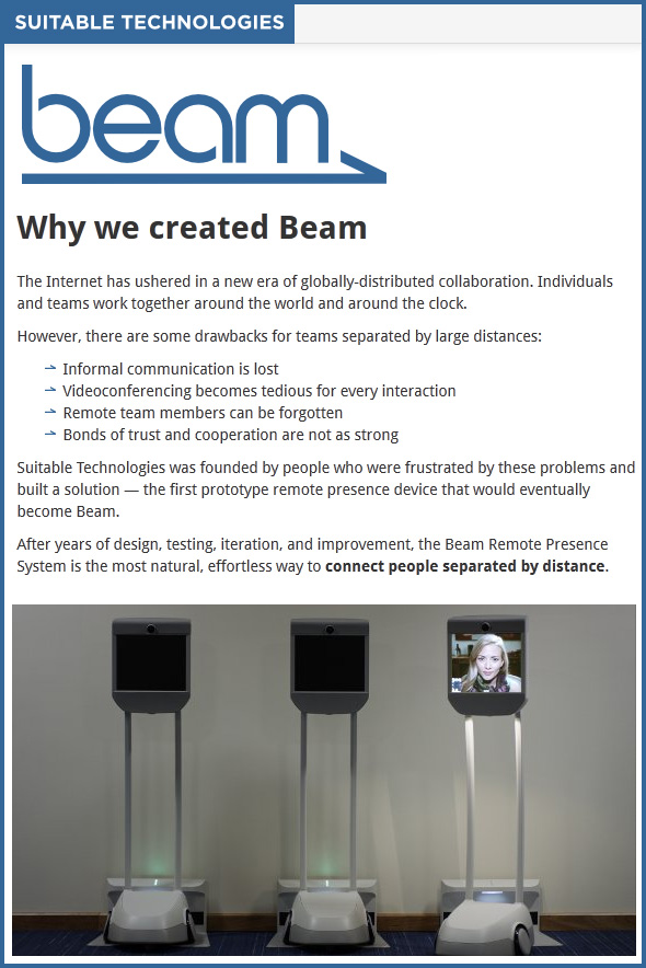 Remote presence system called Beam -- from Suitable Technologies - September 2012