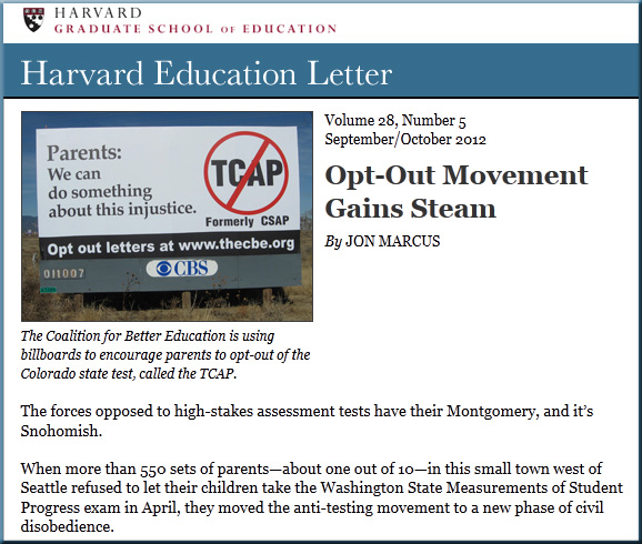 Opt-Out Movement Gains Steam -- Harvard Education Letter - Sep/Oct 2012