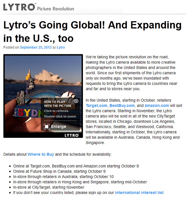 The Lytro camera is going global; expanding in the U.S. as well