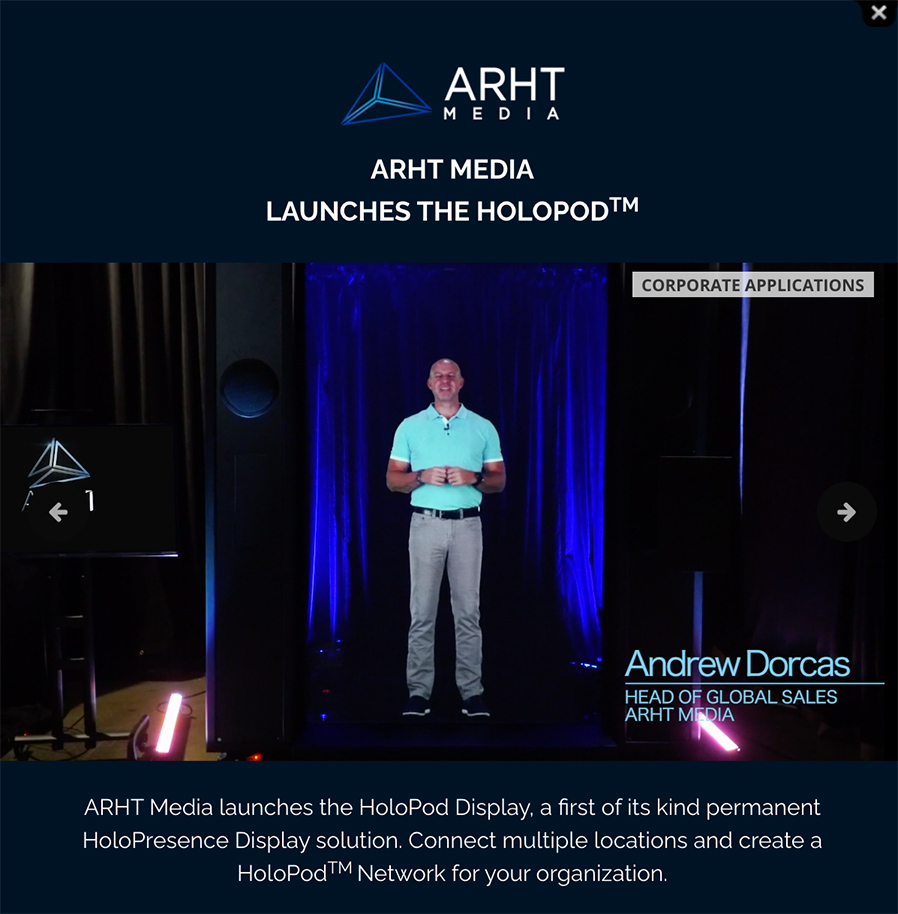 ARHT Media Inc. launches the Holopod | A holograph of the head of global sales appears on stage. Access The Power Of HoloPresence | Hologram Technology | Holographic Displays | Hologram Events