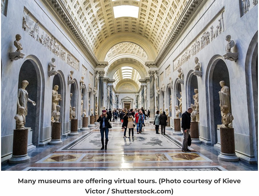 Many museums are offering virtual tours. This image portrays people walking down a long hallway, perusing various works of art.
