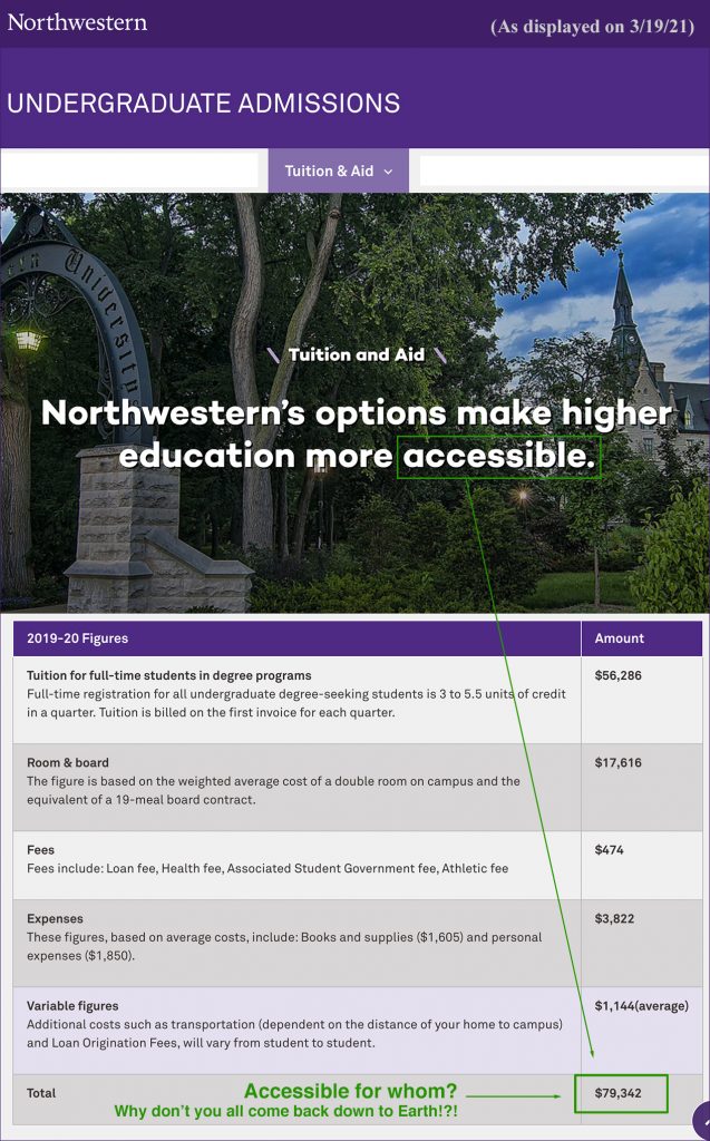 The retail price of ONE YEAR at Northwestern University will cost you $79,342. Who is this accessible for other than the very wealthy these days!?!