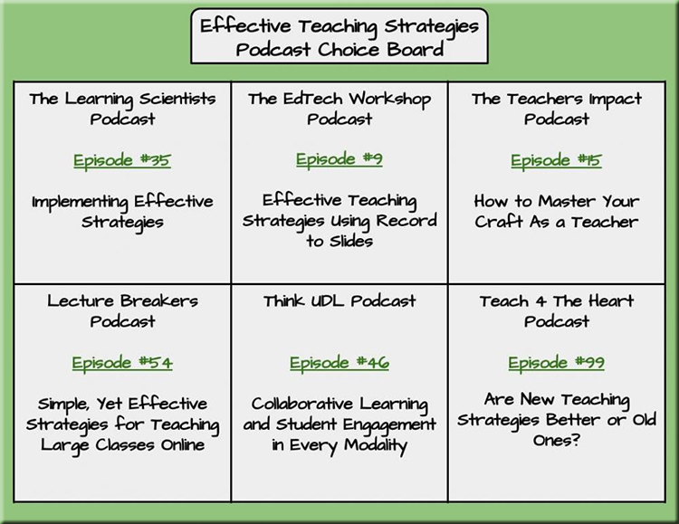 Several great podcasts are mentioned in this graphic -- including The Learning Scientists Podcast, Lecture Breakers Podcast, Think UDL podcast and 3 others.