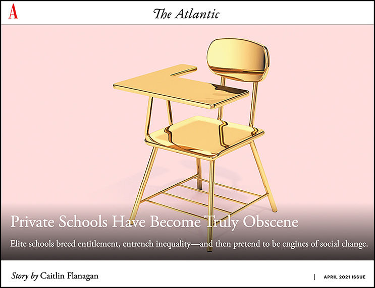 Picture of a golden chair. Links to an article entitled, Private Schools Have Become Truly Obscene -- from theatlantic.com and was published online on March 11, 2021.