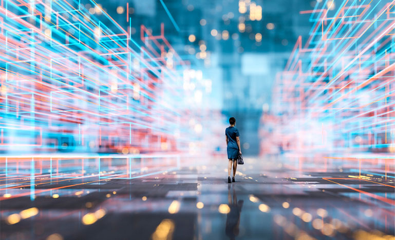 A woman walking into an abstract high tech scene