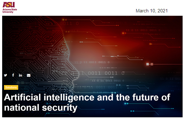 This is an abstract picture of a person's head made of connections peering sideways -- it links to Artificial intelligence and the future of national security from ASU