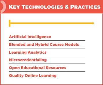 This image relays some of the key technologies and practices such as AI, blended learning, learning analystics, OER, and others