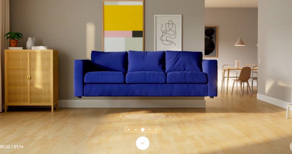 Use the IKEA Studio app to design a room -- this image pictures a floating blue couch in a living room