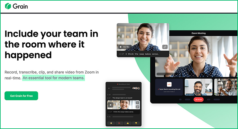 This image shows the home page of a tool called Grain -- Record, transcribe, clip, and share video from Zoom in real-time.