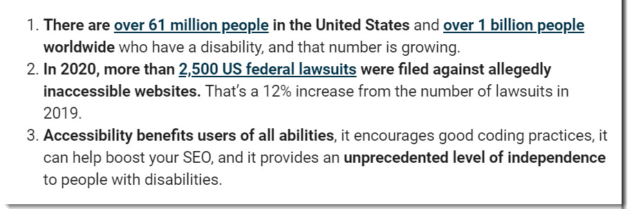 Over a billion people have a form of disability, plus lawsuits are up 12% from 2019, plus everyone benefits when sites and learning materials are accessible