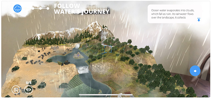 A snapshot from the AR-based app called WWW Free Rivers featauring mountains, trees, and a river running through the terrain