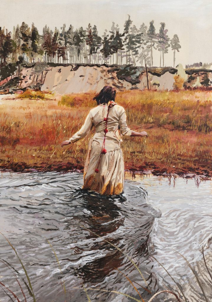 A painting of a woman crossing a small river -- incredibly life like!
