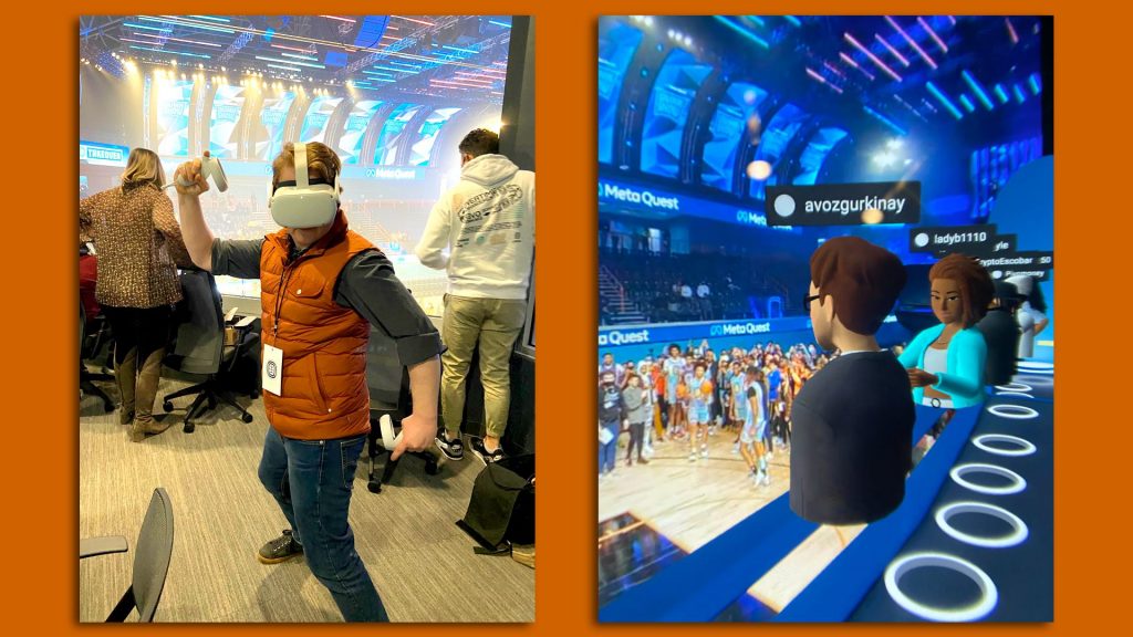 Two images -- on left is person wearing a VR headset. On right side, image of being in a virtual place..