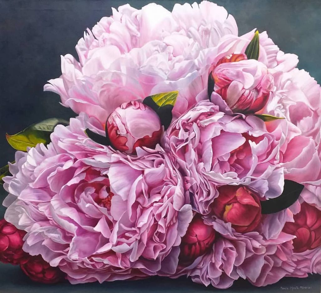 Pink Peonies Burst with Life in Hyperrealistic Oil Painting by Maria Marta Morelli