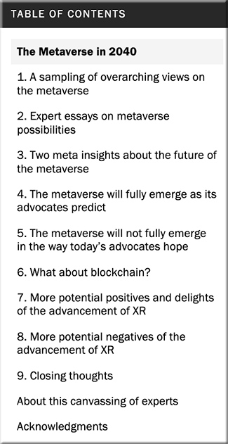 The table of contents for the Metaverse in 2040 set of articles out at Pew Research dot org -- June 30, 2022