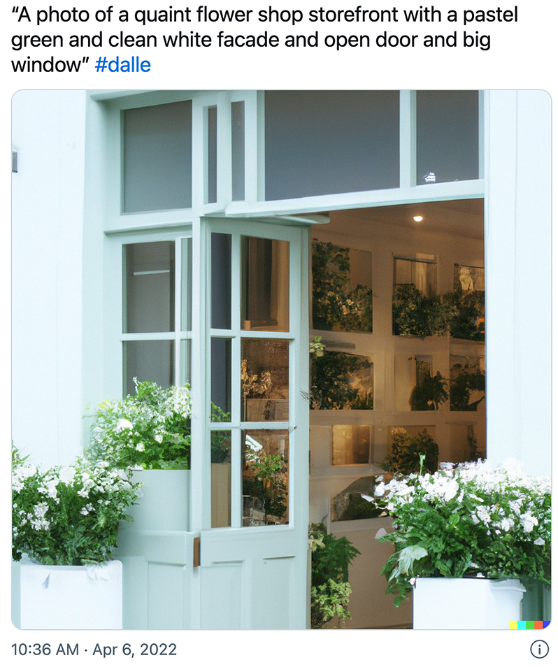 A photo of a quaint flower shop storefront with a pastel green and clean white facade and open door and big window