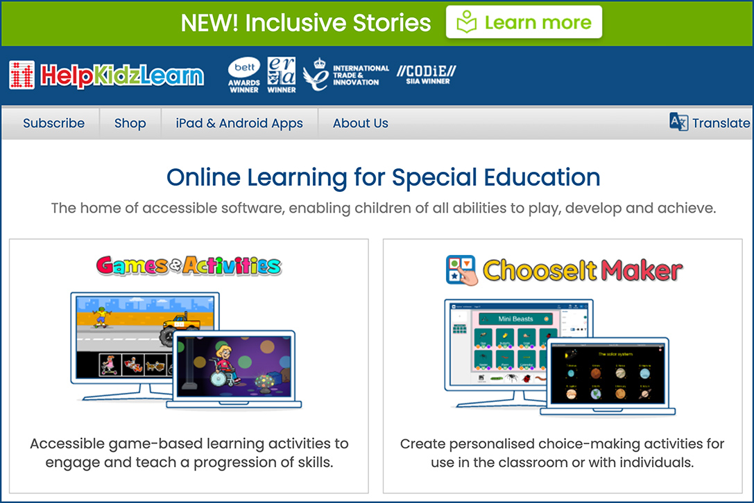 Help Kids Learn dot com -- online learning for special education -- uses assistive technologies