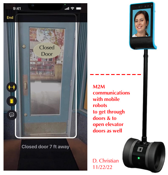 It would be great to have M2M communications with mobile robots to get through doors and to open elevator doors as well