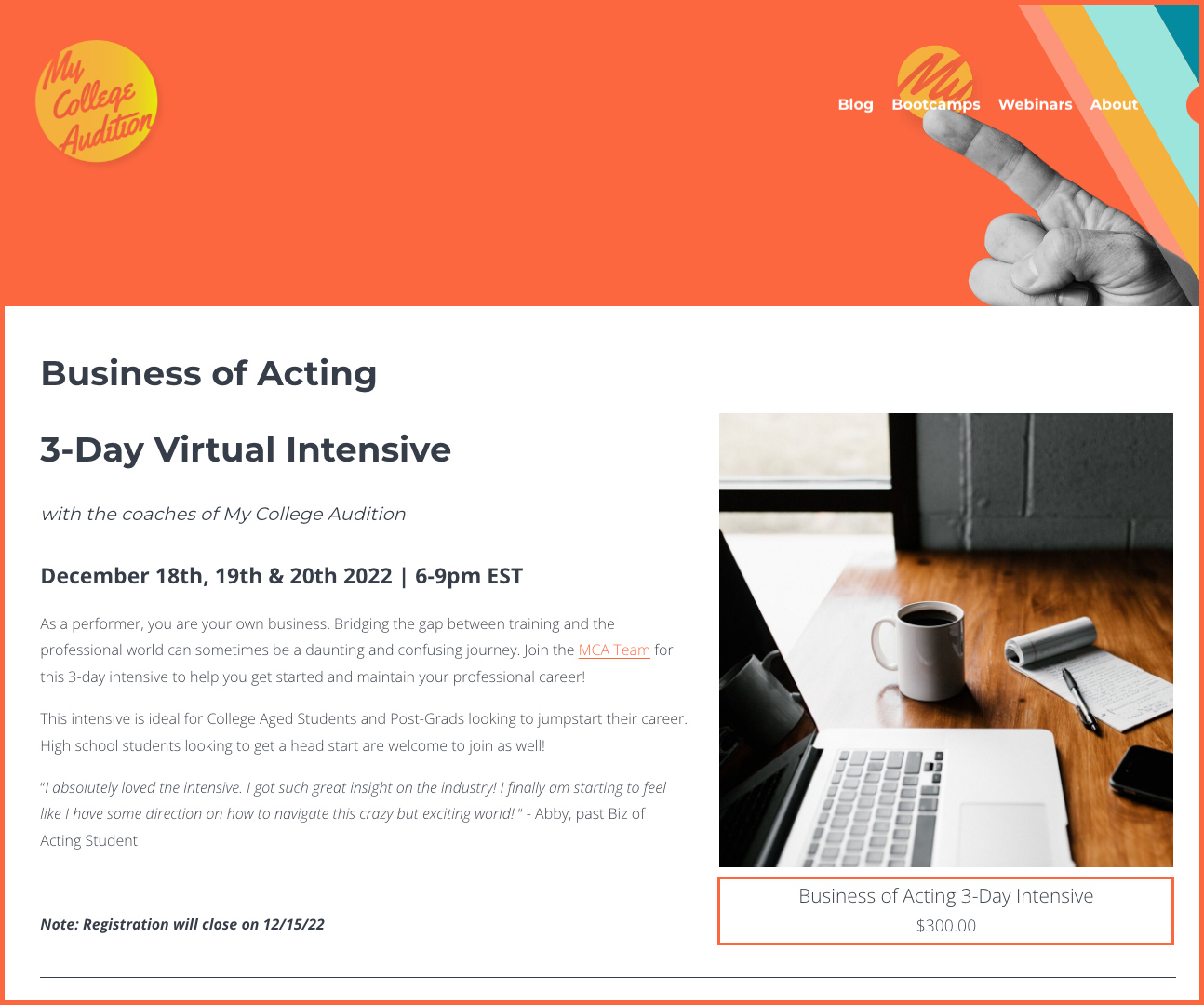 The business of acting -- a 3-day virtual intensive course from mycollegeaudition.com