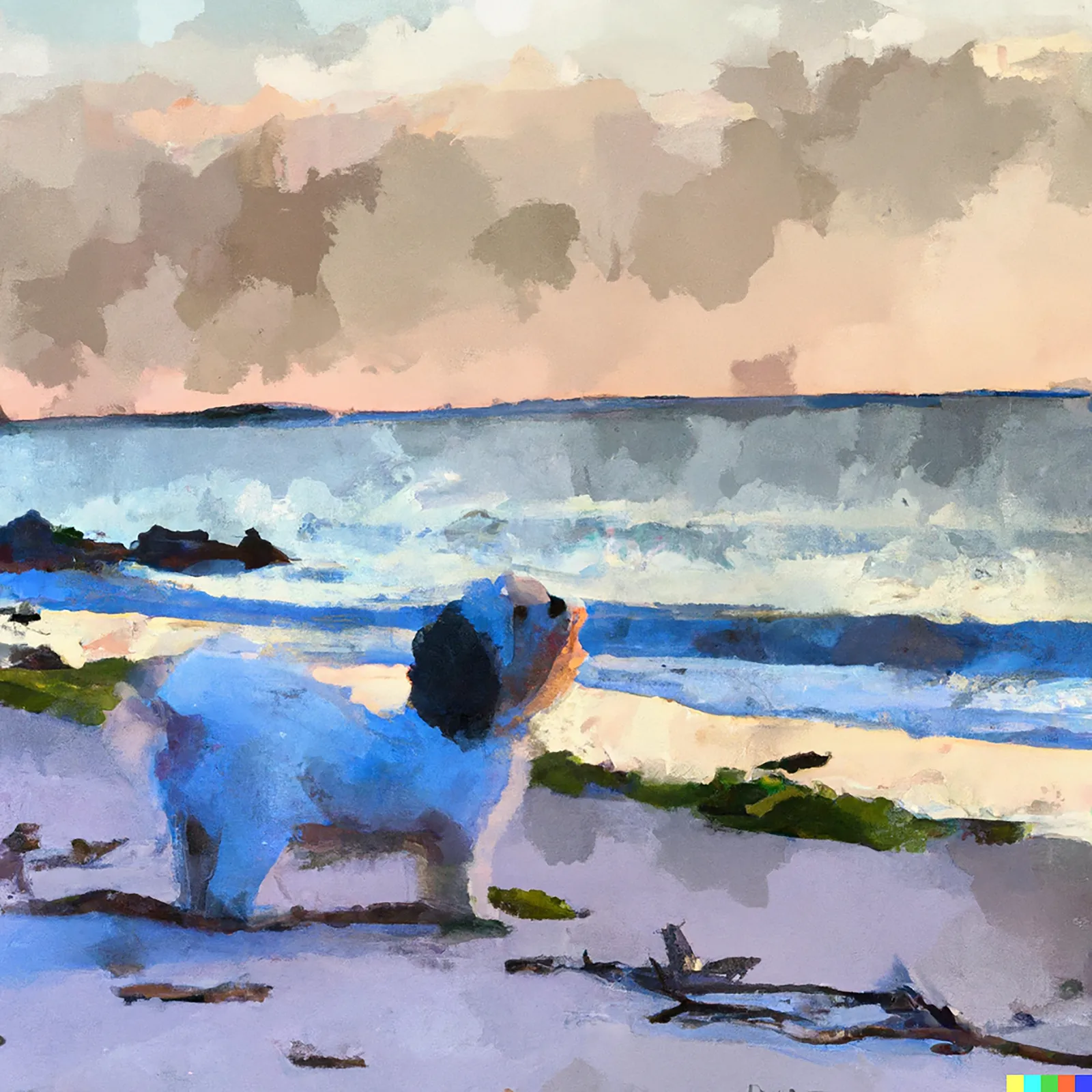 A Havanese at six pm on an East Coast beach in the style of a Winslow Homer watercolor