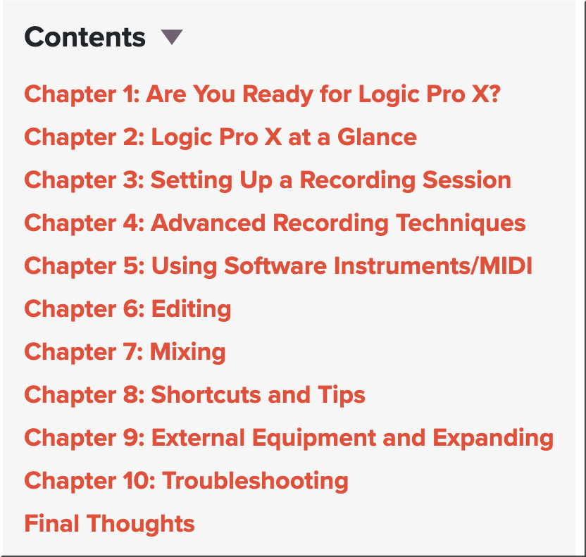 Table of contents for how to use Logic Pro X