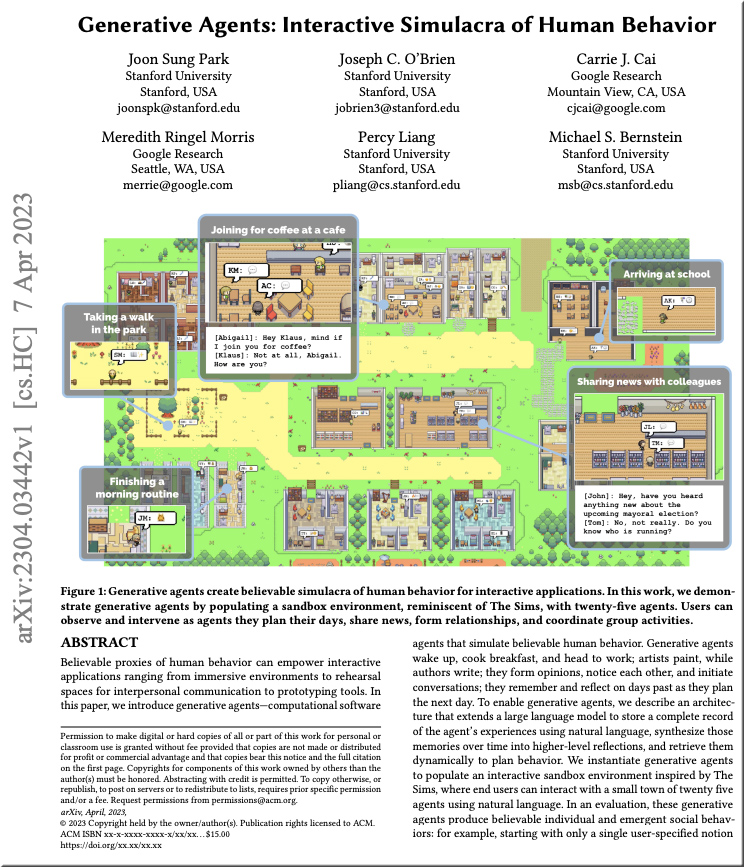 Generative Agents: Interactive Simulacra of Human Behavior -- a paper from Stanford from April 2023