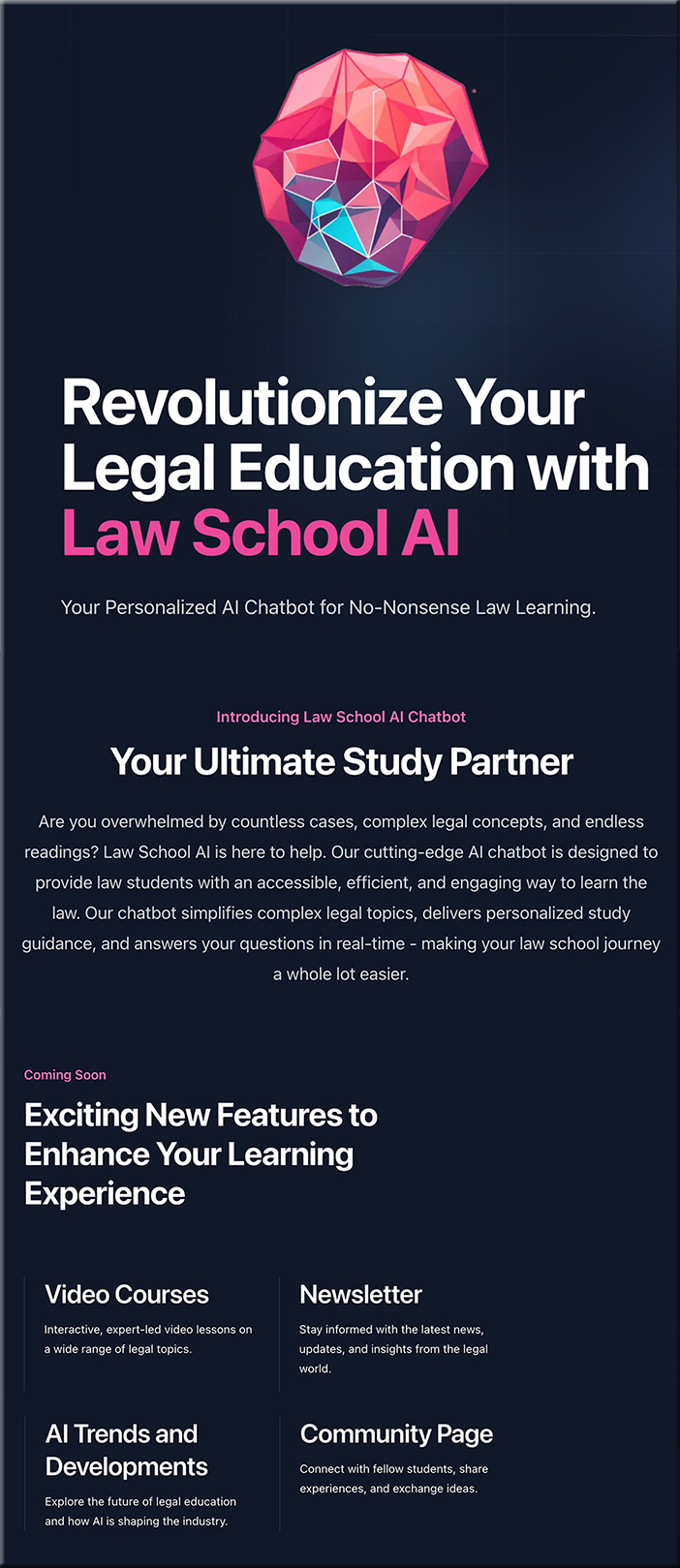 law-school-ai.vercel.app -- Your Personalized AI Chatbot for No-Nonsense Law Learning.