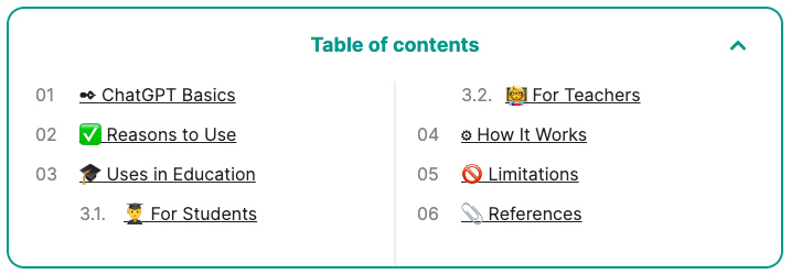 Table of Contents for the article at IvyPanda.com entitled Why Students & Teachers Should Get Excited about ChatGPT