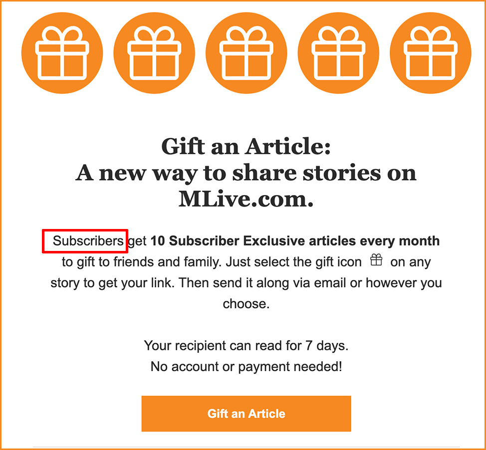 MLive.com's gift an article promotion from December 2023; one must be a subscriber though to gift an article